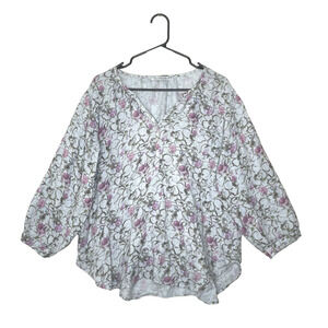 cut loose blue Floral V-Neck Blouse with Pink Flowers